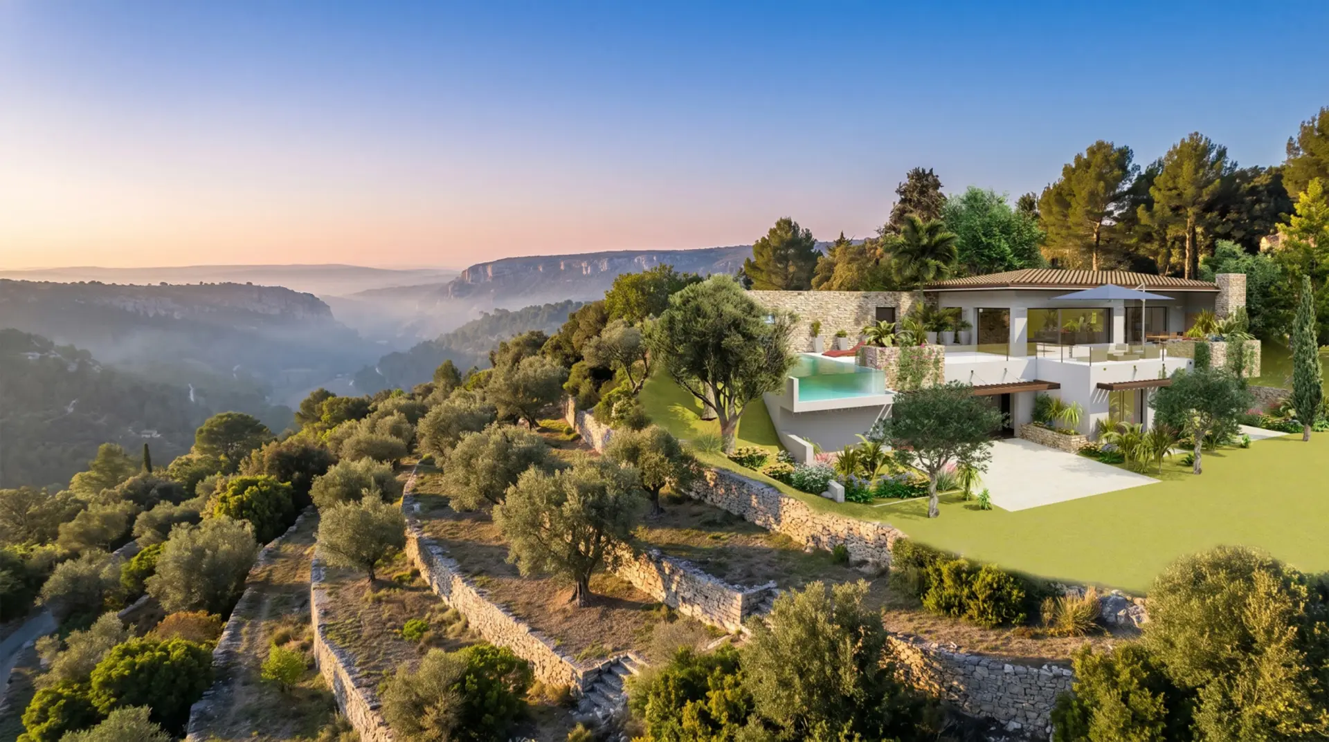 Villa d’exception JPSA Construction au crépuscule, piscine et jardin paysagé